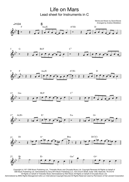 Life On Mars Lead Sheet For Instruments In C Sheet Music