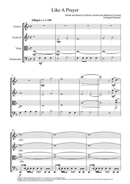 Free Sheet Music Like A Prayer String Quartet Score And Parts