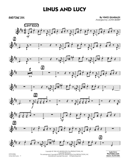 Linus And Lucy Arr John Berry Baritone Sax Sheet Music