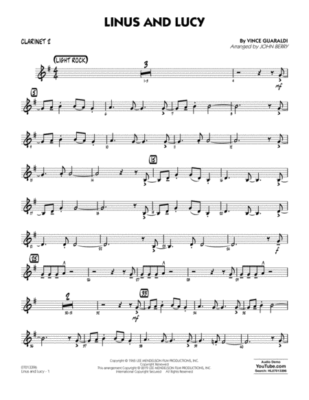 Free Sheet Music Linus And Lucy Arr John Berry Bb Clarinet 2