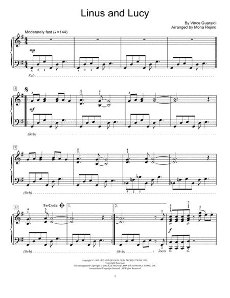 Free Sheet Music Linus And Lucy Arr Mona Rejino