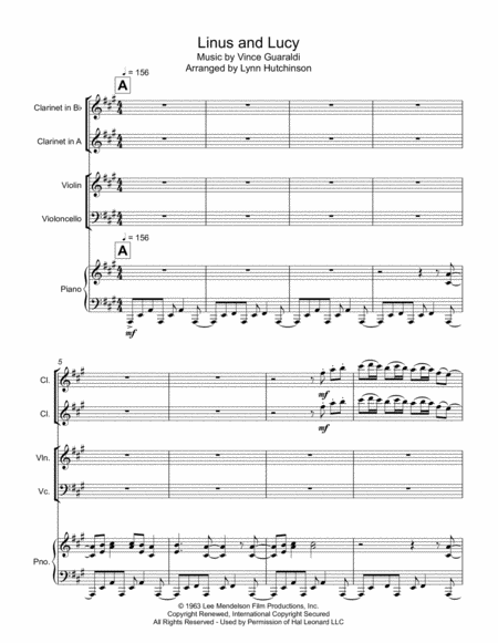 Linus And Lucy Clarinet Violin Cello Piano Sheet Music