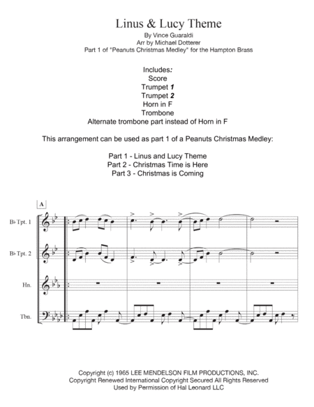 Linus And Lucy For Brass Quartet Sheet Music