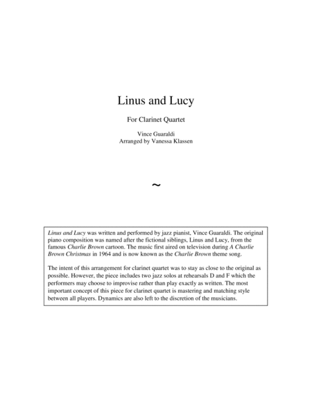 Free Sheet Music Linus And Lucy For Clarinet Quartet