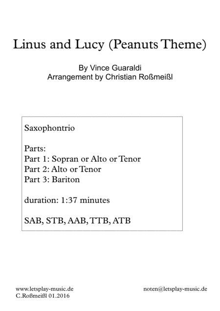 Free Sheet Music Linus And Lucy For Saxophontrio