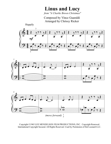 Free Sheet Music Linus And Lucy From A Charlie Brown Christmas Beginner Big Note Piano