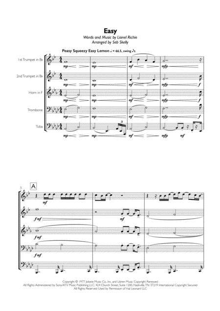 Lionel Richie Easy Like Sunday Morning For Brass Quintet Sheet Music