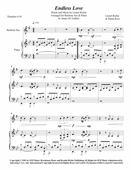 Free Sheet Music Lionel Richie Endless Love For Baritone Sax Piano