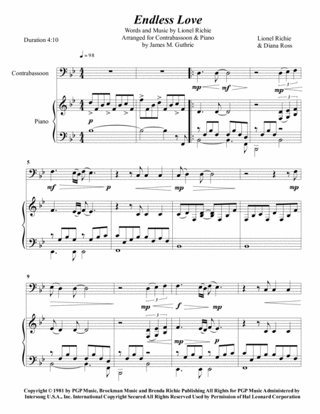 Free Sheet Music Lionel Richie Endless Love For Contrabassoon Piano