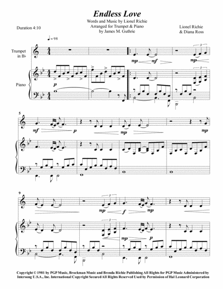 Free Sheet Music Lionel Richie Endless Love For Trumpet Piano