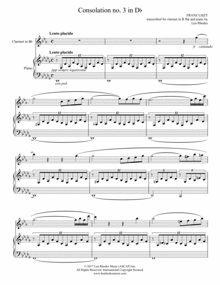 Liszt Consolation In D Flat Transcribed For Bb Clarinet And Piano Sheet Music