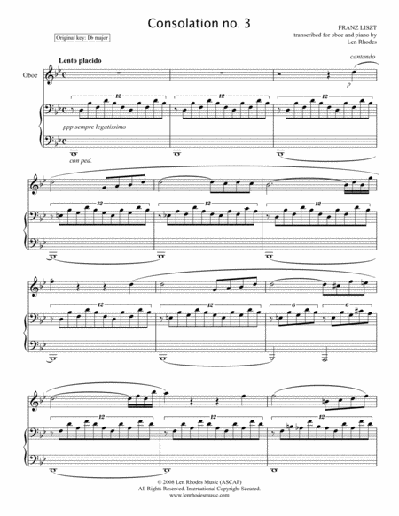 Free Sheet Music Liszt Consolation In D Flat Transcribed For Oboe And Piano