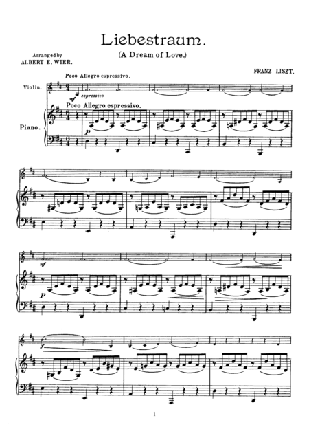 Free Sheet Music Liszt Liebestraum A Dream Of Love For Violin Piano Vn003