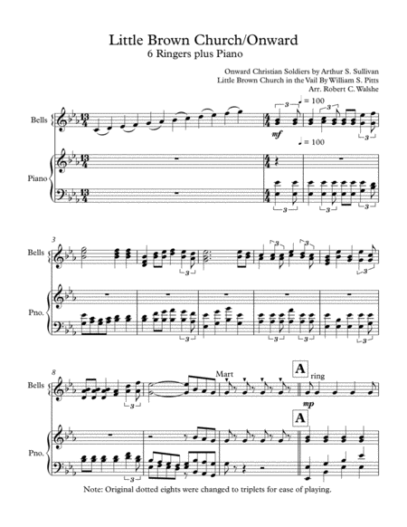 Free Sheet Music Little Brown Church With Onward For 6 Ringers And Piano Small Handbell Choir