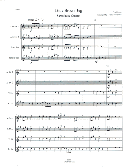 Free Sheet Music Little Brown Jug For Saxophone Quartet