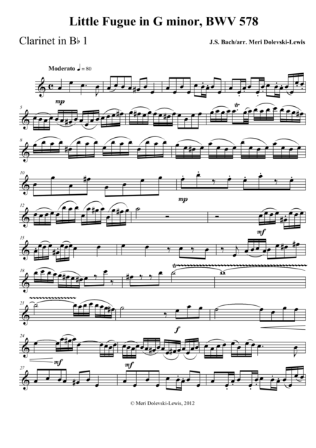 Little Fugue In G Minor Bwv 578 3 Bb Clarinets Bass Clarinet Sheet Music