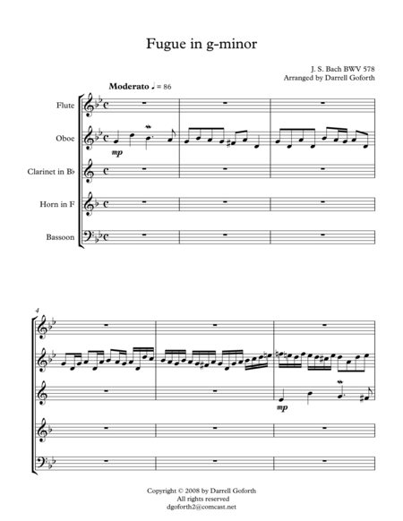 Little Fugue In G Minor For Woodwind Quintet Sheet Music