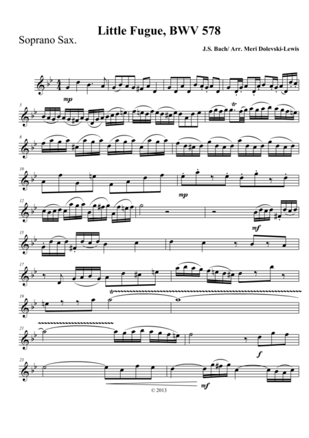 Little Fugue In G Minor Transposed To D Minor Arr Sax Quartet Satb Or Aatb Sheet Music