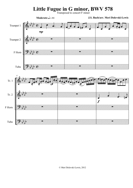 Little Fugue In G Minor Transposed To F Minor For Brass Quartet Sheet Music