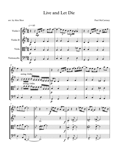 Live And Let Die For String Quartet Sheet Music