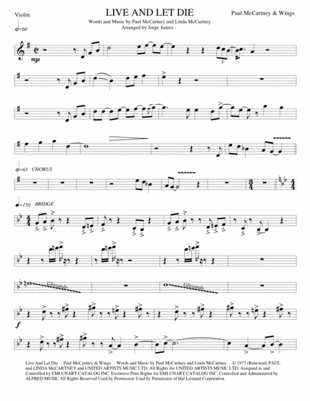 Live And Let Die Violin Piano Guitar Bass Sheet Music
