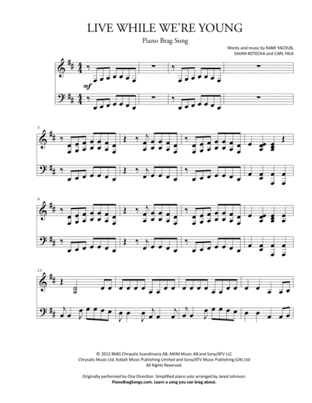 Free Sheet Music Live While We Re Young Short Piano Solo