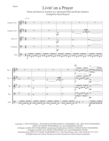 Free Sheet Music Livin On A Prayer Brass Quintet