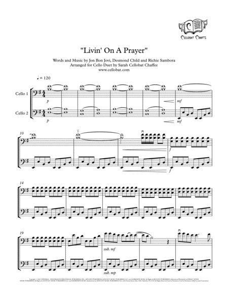 Livin On A Prayer Cello Duet Bon Jovi Arr Cellobat Sheet Music