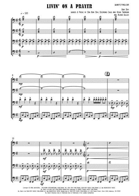 Free Sheet Music Livin On A Prayer Cello Quartet