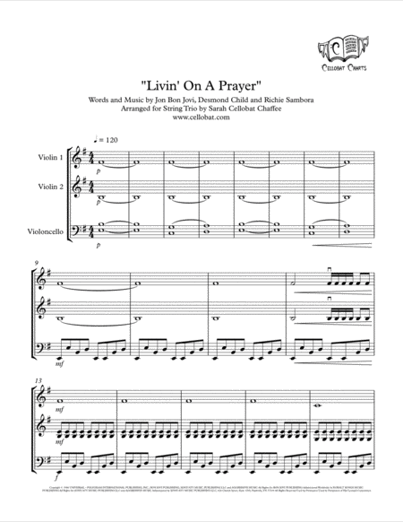 Livin On A Prayer String Trio 2 Violins Cello Bon Jovi Arr Cellobat Recording Available Sheet Music