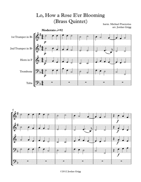 Lo How A Rose E Er Blooming Brass Quintet Sheet Music