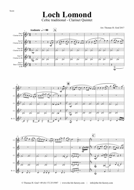 Free Sheet Music Loch Lomond Celtic Traditional Clarinet Quintet