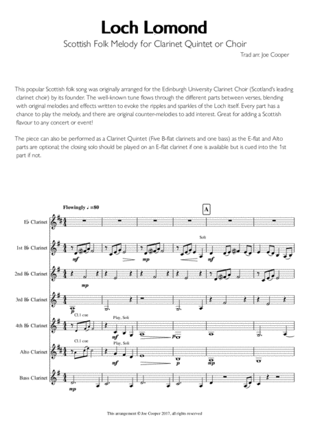 Loch Lomond Scottish Folk Melody For Clarinet Choir Or Quintet Sheet Music