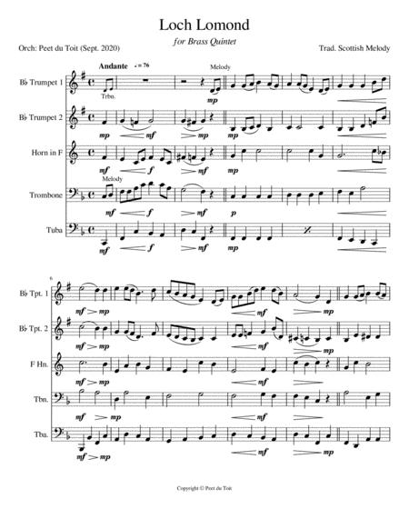 Loch Lomond Trad Scottish Folk Song Brass Quintet Sheet Music