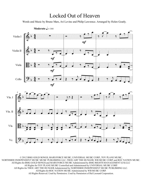 Locked Out Of Heaven Arranged For String Quartet Sheet Music