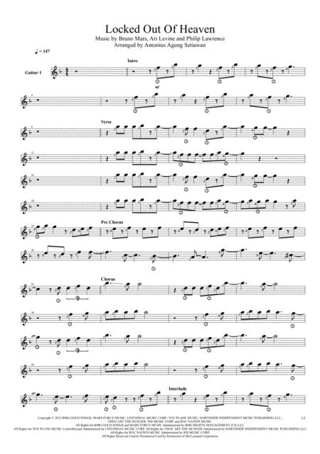 Locked Out Of Heaven Quartet Guitar Score Sheet Music