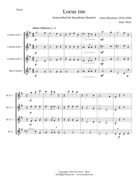 Locus Iste For Clarinet Quartet Sheet Music