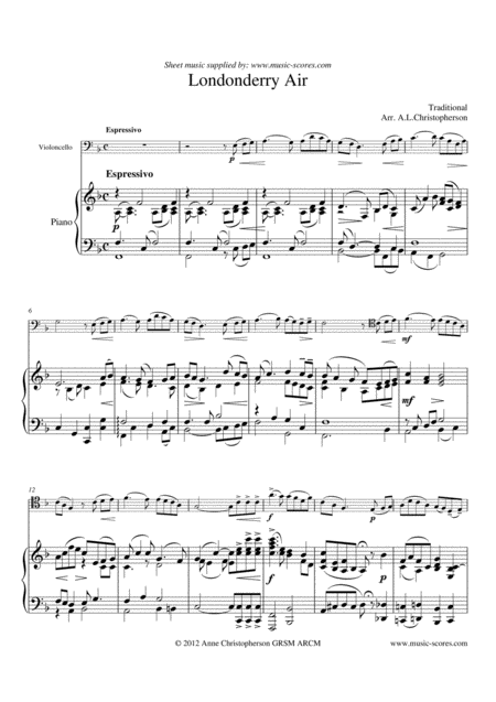 Londonderry Air Cello Piano Sheet Music