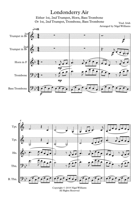 Londonderry Air For Brass Quartet Sheet Music