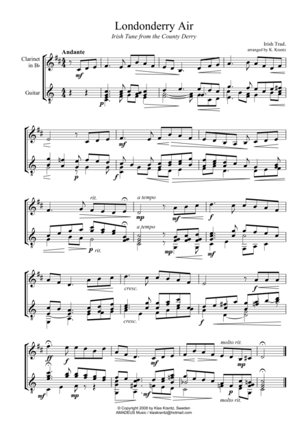 Londonderry Air For Clarinet In Bb And Guitar Sheet Music