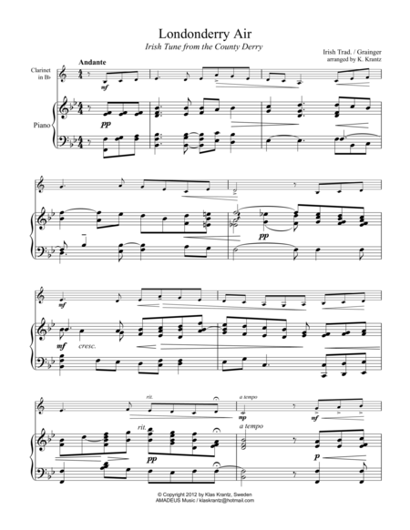 Free Sheet Music Londonderry Air For Clarinet In Bb And Piano