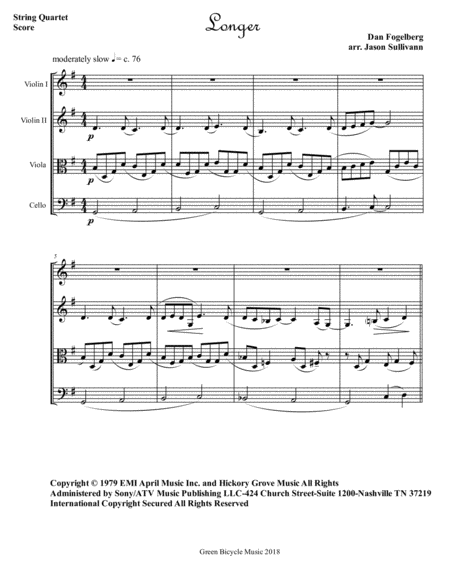 Free Sheet Music Longer By Dan Fogelberg For String Quartet