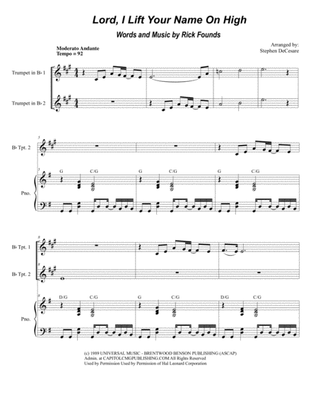 Lord I Lift Your Name On High Duet For Bb Trumpet Sheet Music