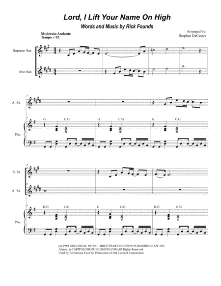 Lord I Lift Your Name On High Duet For Soprano And Alto Saxophone Sheet Music