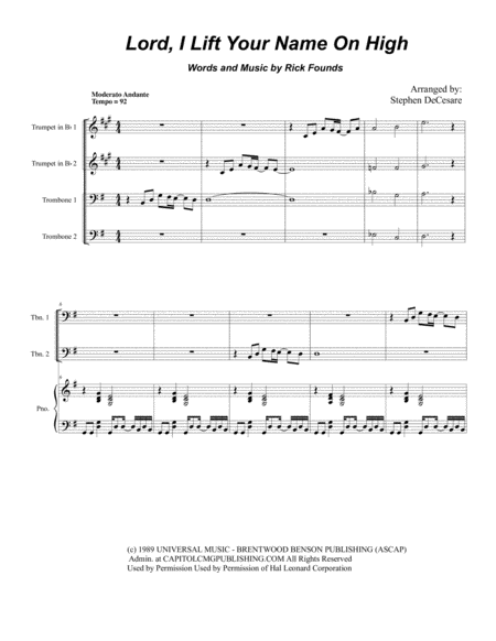 Lord I Lift Your Name On High For Brass Quartet Piano Alternate Version Sheet Music