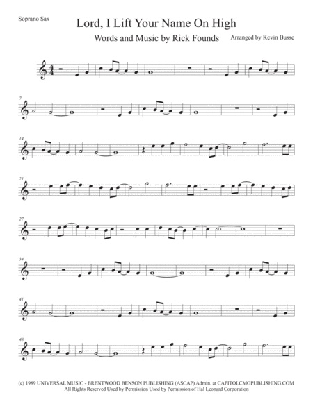 Lord I Lift Your Name On High Soprano Sax Easy Key Of C Sheet Music