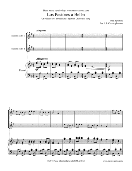 Free Sheet Music Los Pastores A Belen 2 Trumpets And Piano