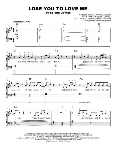 Lose You To Love Me Easy Piano Sheet Music