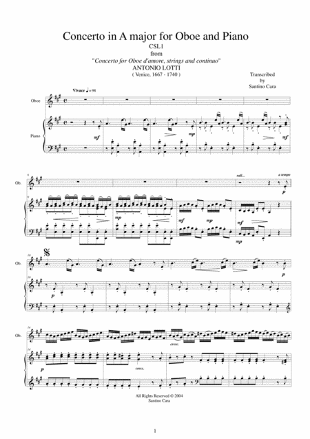 Free Sheet Music Lotti A Concerto In A Major Csl1b For Oboe And Piano