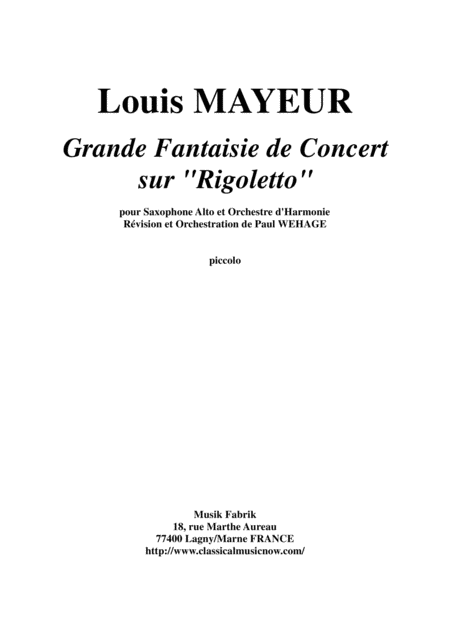 Louis Mayeur Grande Fantaisie De Concert Sur Rigoletto De Verdi For Alto Saxophone And Concert Band Piccolo Part Sheet Music